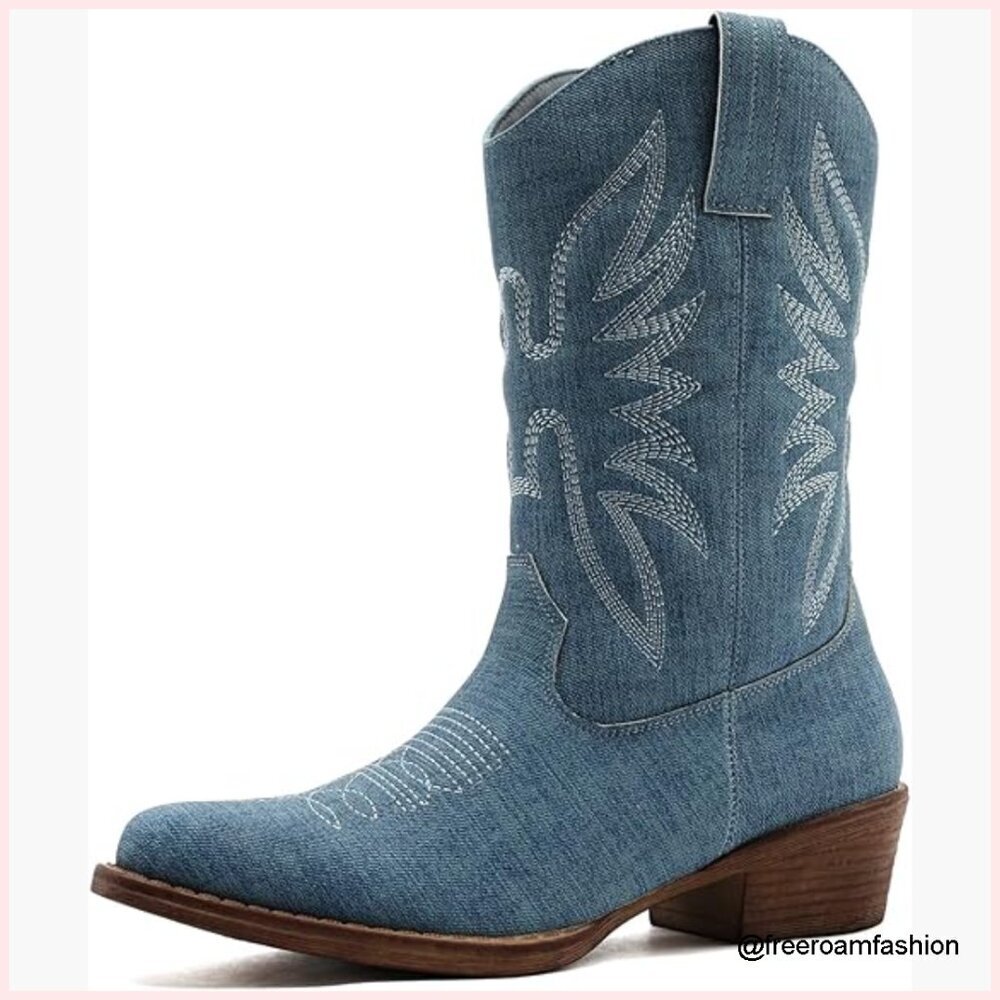 Low Heel Western Boots Snip Toe Mid-Calf Embroidered Cowgirl Boots